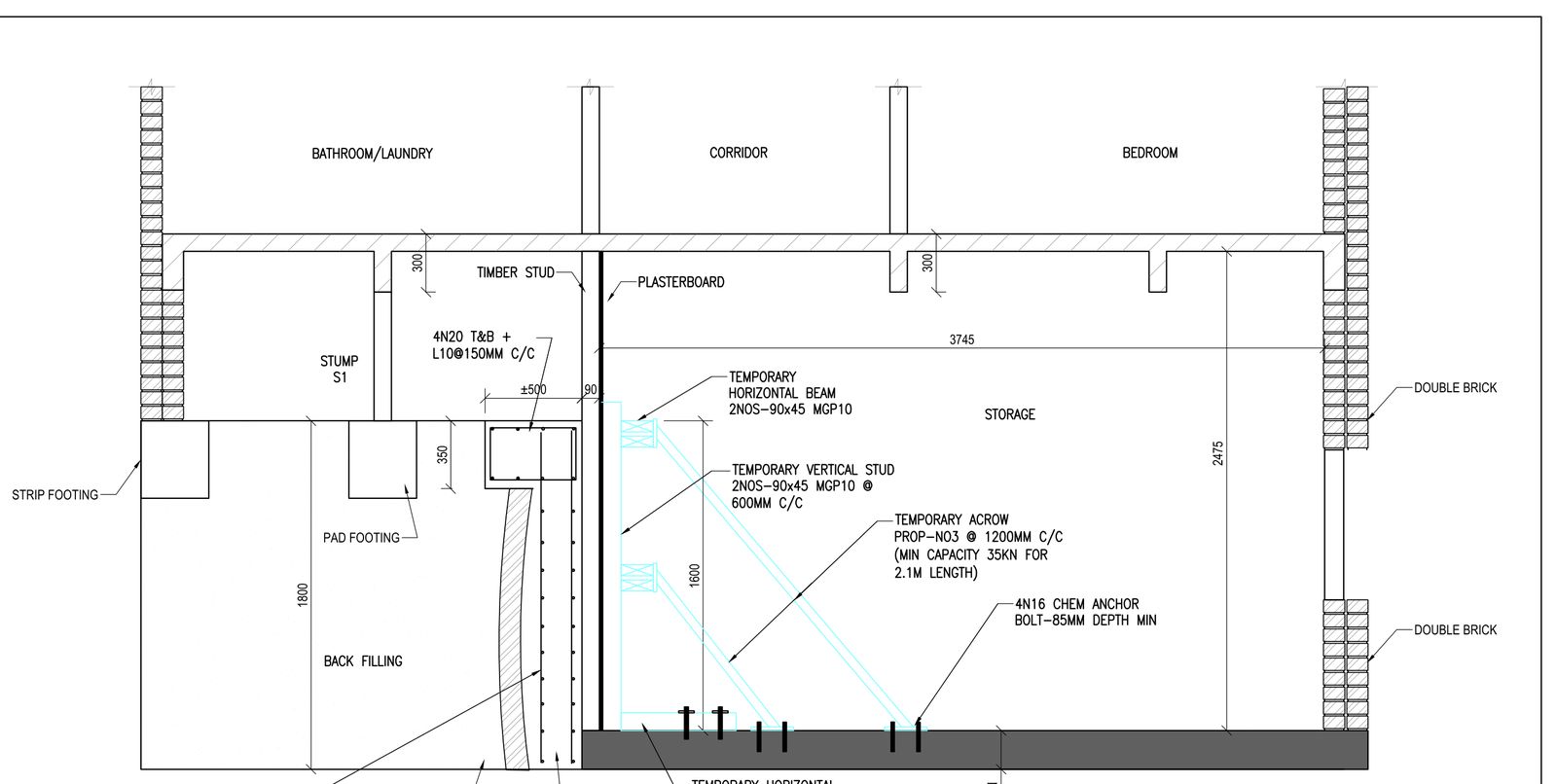 Section through a reinforced concrete retaining wall